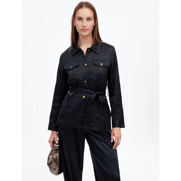 Double-Faced Satin Safari Jacket SZ S True Black Belted Button Up Lined - Picture 1 of 7